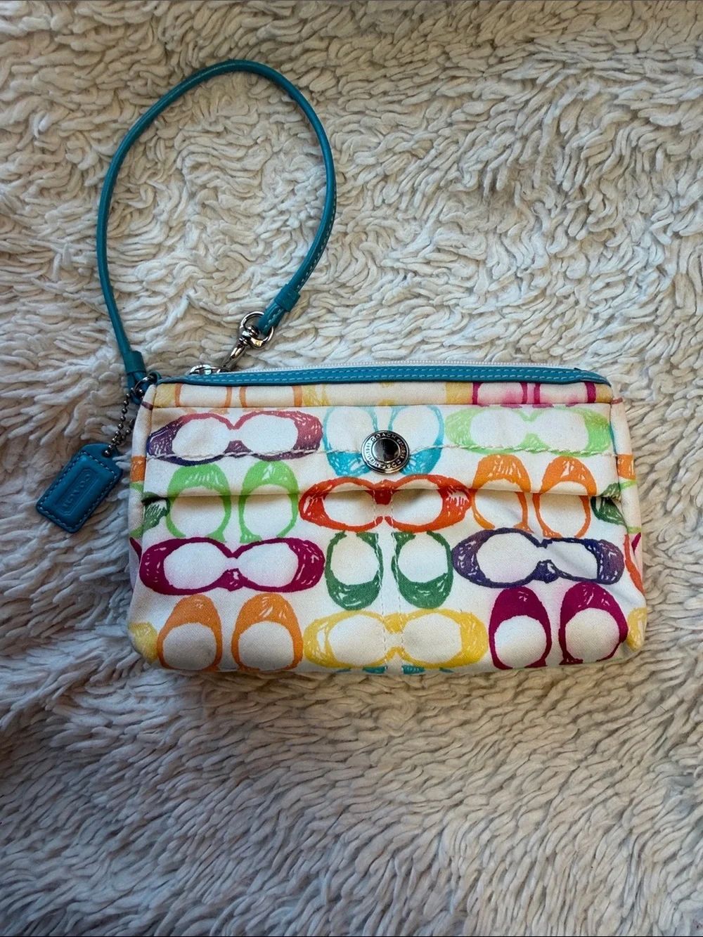 Vintage Coach Poppy Scribble  Wristlet/Clutch~Aqua Leather/Soft Canvas